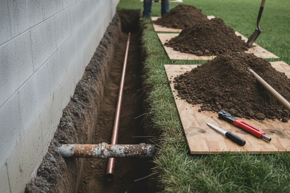 Excavated water line trench during Water Softener Installation in New Boston